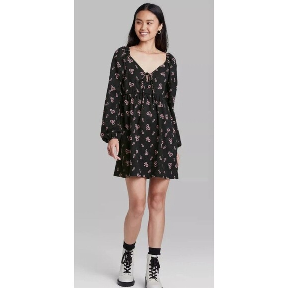 wild fable Dresses & Skirts - Wild Fable Junior's Tie Front Long Sleeve Mini Dress Black & Pink Floral Size S